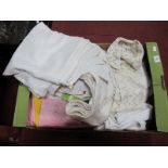 White Linen Table Cloths, doilies, etc:- One Box