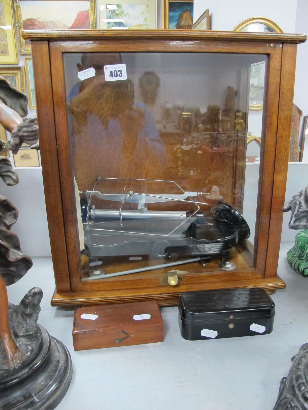 Russian Balance Scales in Display Case, Oertling, and other weights.