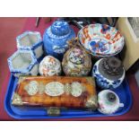 Chinese Blue and white Jar, with a pierced hardwood cover, Famille Rose jar, with a turned wooden