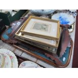 XIX Century Beaded Tray, XIX Century Mahogany mirror, three French prints.