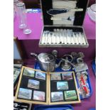 Plated Vesta Case, Dixons Britannia metal teapot, cutlery, etc:- One Tray