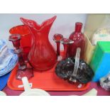 Ruby Glass Candlestick, fluted basket with clear twist handle, clear glass overlaid bottle vase