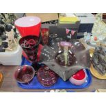 Cranberry Glass Powder Bowl, posy flute, ruby glass bowl with crimped rim, marbelised vase etc:- One