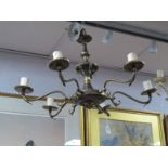 A Mid XX Century Six Branch Brass Ceiling Light, with foliate scroll decoration.