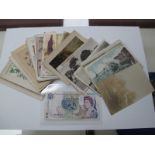 Isle of Man Five Pounds Note, ten embroidered postcards, satirical, topographical and other