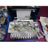 Cased Set of Plated Fish Knives and Forks; together with assorted plated spoons, cake slice, serving