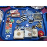 Assorted Costume Brooches, including ceramic flowers, "Miracle", etc:- One Tray