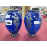 A Pair of XX Century Ovoid Blue Glass Vases, with silvered overlay of vertical floral and