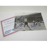 England 1966 Autographs, Hunt, Hurst and Peters, blue marker signed, (unverified) on a black and