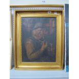XIX Century Oil on Canvas, Man Smoking a Pipe, 42.5 x 32.5cm.