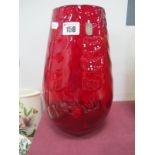 A Whitefriars Glass Ruby 'U' Shaped Wave Ribbed Vase, c 1950's, designed by Geoffrey Baxter paper
