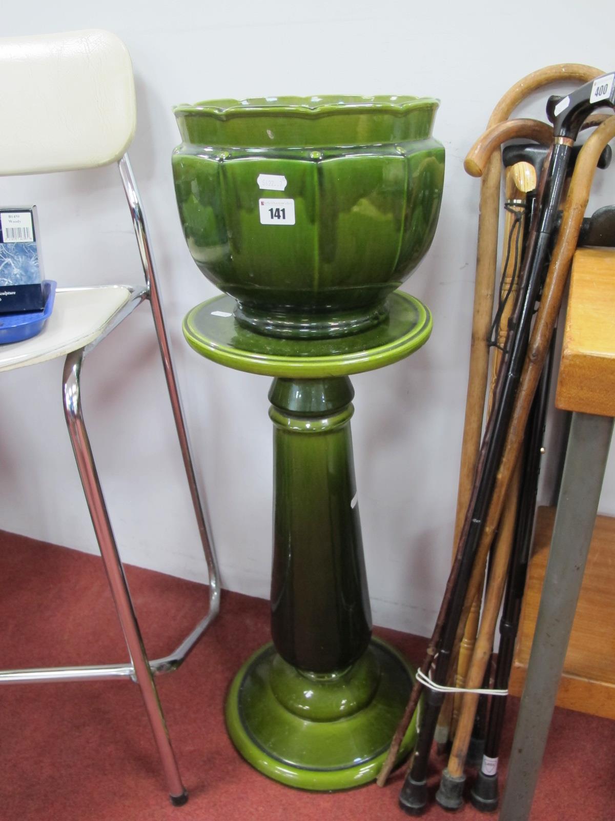 Bretby Green Pottery Jardiniere on Stand, (damage).