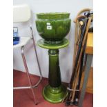 Bretby Green Pottery Jardiniere on Stand, (damage).