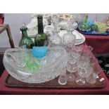 A Pair of Glass Decanters (one chipped), green bottles, bowl, drinking glasses:- One Tray