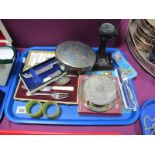 A Matching Hallmarked Silver Handled Cheese Knife and Butter Knife, boxed; corkscrew, a hallmarked