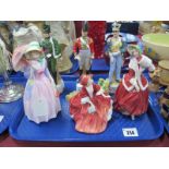 Royal Doulton Figurines 'Christmas Morn', 'Lydia', 'Miss Demure', three Alfretto military figures.