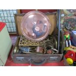 XIX Century Copper Warming Pan, oval box, brass trivet, plates, etc. in case.