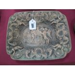 Brass Rectangular Wall Plaque, featuring cherubs, sheep, masks and shells, 26cm wide.