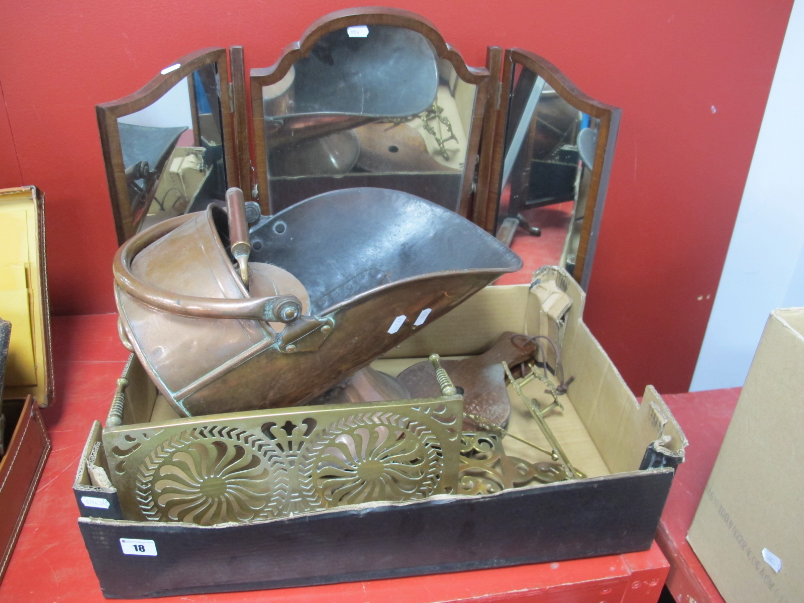 XIX Century Copper Coal Scuttle, pierced brass trivet, XIX Century copper kettle, bellows etc:-