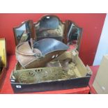 XIX Century Copper Coal Scuttle, pierced brass trivet, XIX Century copper kettle, bellows etc:-