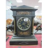 XIX Century Slate Cased Mantel Clock, with brass Corinthian columns, classical scene to upper panel,