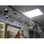 A Pair of Modern Cream and Gilt Painted Metal Three Branch Ceiling Lights, 35cm long; another