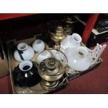 Three Early XX Century Brass Oil Lamps, glass shades, cast metal corner brackets:- Two Boxes