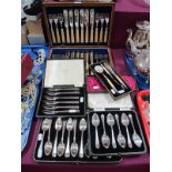 A Wooden Cased Set of Twelve Fish Knives and Forks, cased set of six pastry forks, a cased set of