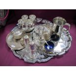 Decorative Egg Cup Stand, a hallmarked silver lidded mustard, cruet items, "E.Taylor" plated mug,
