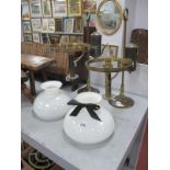 A Pair of Brass Table Lamps, with white shades, on circular bases. (2)