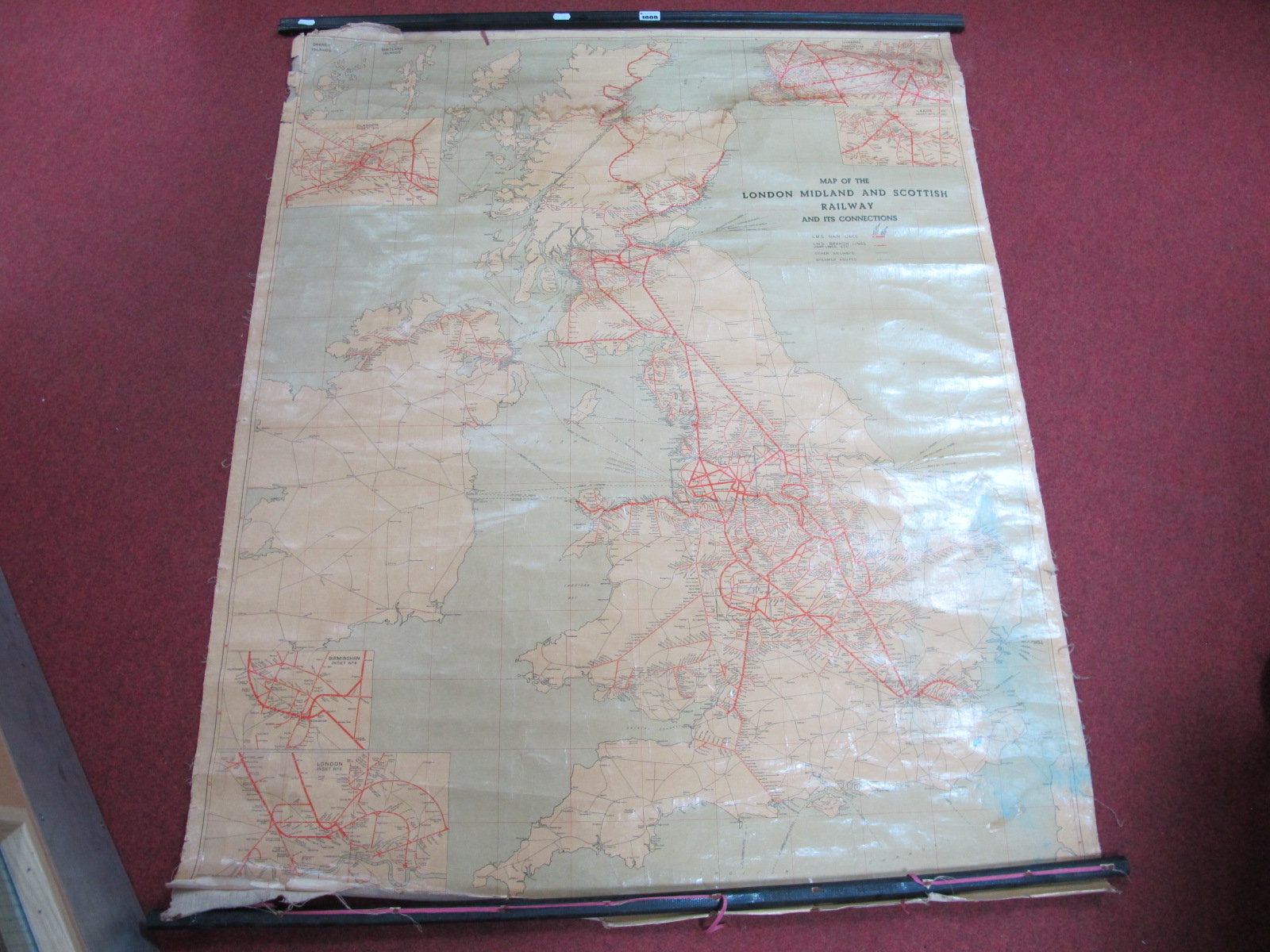 A 1930's Fabric Wall Hanging Map of 'London Midland and Scottish Railway', at it's connection,