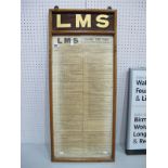 A 1938 LMS Timetable for Bradford (Forster Square), in original wooden frame, signs of restoration