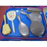 Hallmarked Silver Backed Hand Mirrors, engine turned brushes and a hallmarked silver bottle/jar