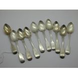 A Matched Set of Six Hallmarked Silver Fiddle Pattern Teaspoons, PL, Chester 1842, 1843, initialled;