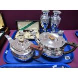 Two XIX Century Plated Teapots, each with angular handle and gadrooned detail; a pair of vases, a