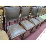 A Set of Four Oak Dining Chairs, circa 1930's, with studded leatherette backs and seats, on cup