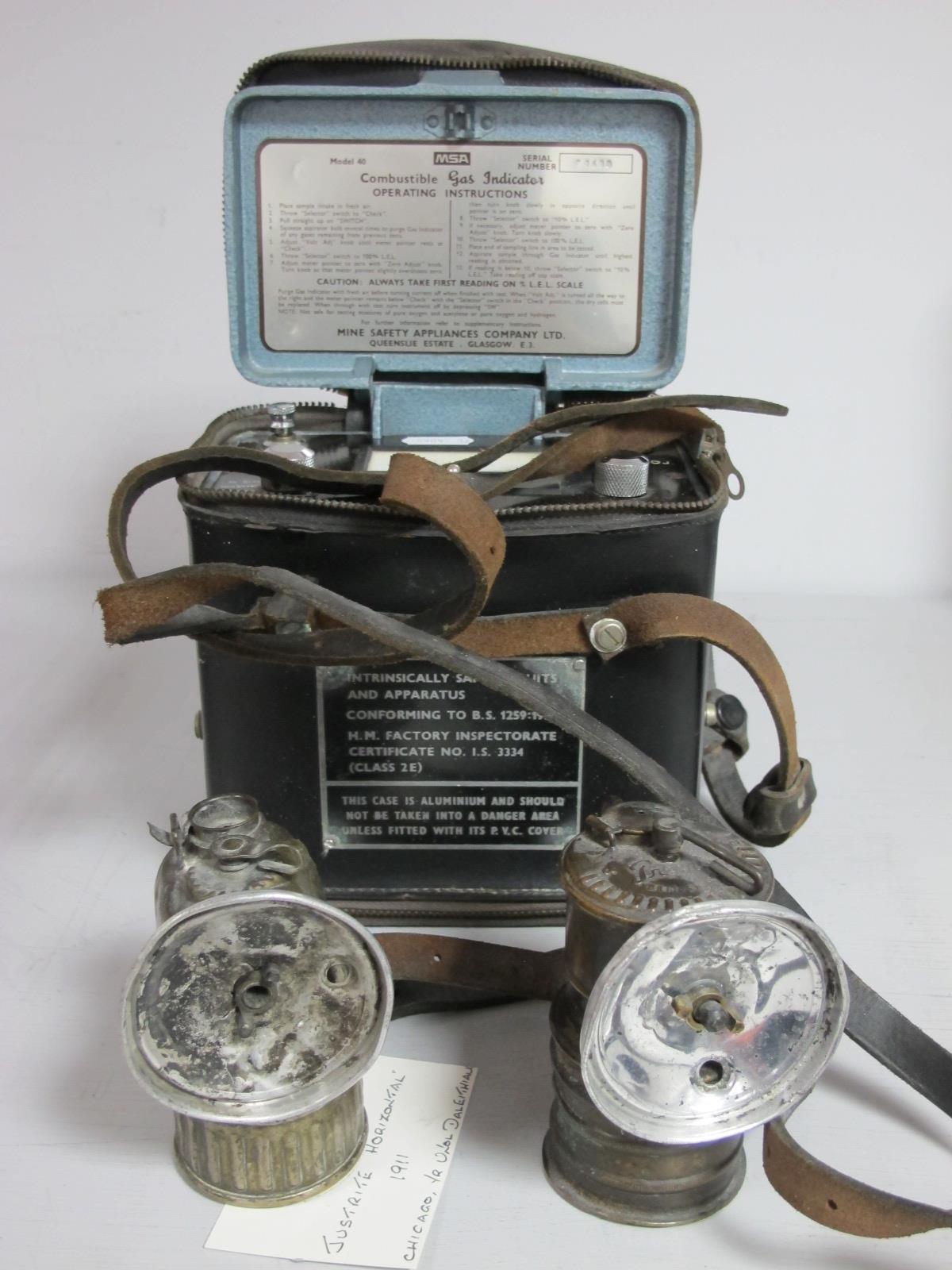 MSA Combustible Gas Indicator. Justrite Horizontal Carbide Lamp, circa 1911, Premier of Leeds