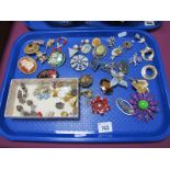 Assorted Costume Brooches, clip earrings:- One Tray