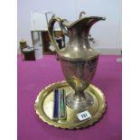 Plated Ewer, Art Deco cheroot holder in case, Indian brass tray, 19.5cm diameter.