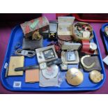 Gent's Cufflinks, ladies powder compacts, vintage "Looping" bedside clock, corkscrew, tie pins,