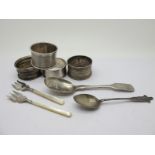 Four Hallmarked Silver Napkin Rings, two mother of pearl handled forks, a hallmarked silver Fiddle