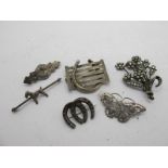 Horseshoe and Gate Brooch, marcasite set brooch, hallmarked silver butterfly brooch, etc. (6)