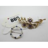 A Pearl Set Floral Spray Brooch, with claw set highlights; a seed pearl set circlet brooch, with