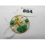 A Pearl and Jade Coloured Set Pendant/Brooch, of openwork design, claw set, within circular