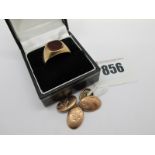 A 9ct Gold Gent's Dress Ring, with inset panel (finger size P, shank split); a pair of 9ct gold