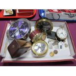 1977 Jubilee and Other Vintage Clocks, (damages), coins, a hallmarked silver ingot pendant on a