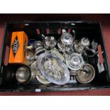 Plated Tea Ware, tea and condiment spoons, Jacobs tin, bottle coasters, quaich, etc:- One Box