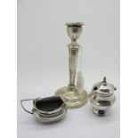 A Hallmarked Silver Candlestick, (damages/marks indistinct), 16.cm high (base weighted); a small