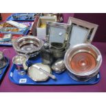 Harrods and Other Photograph Frames, two pairs of bottle coasters, plated jug and sugar bowl, hip
