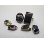 A Blue John Inset Oval Panel Ring, (finger size N), a pair of similar oval clip earrings, a